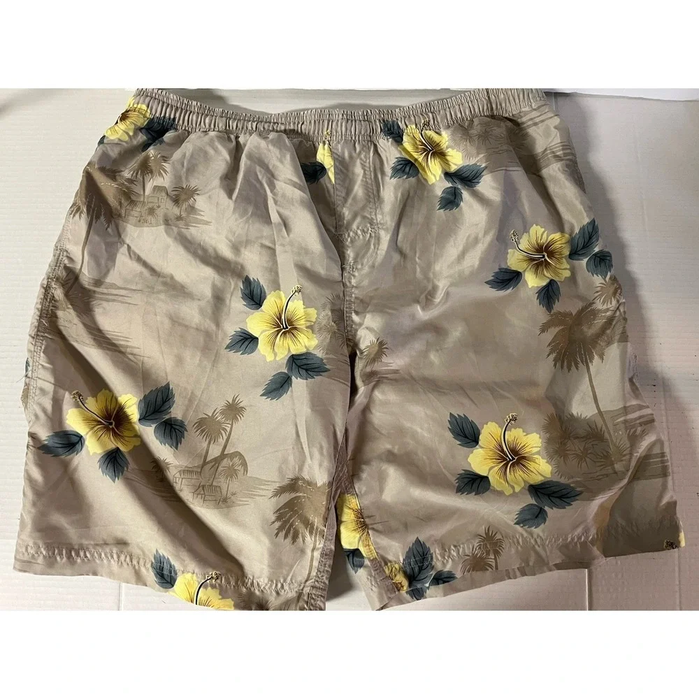 Unbranded‎ Swim Trunks Mens XL Tan Tropical Hibiscus Palm Tree Board Shorts